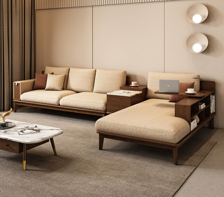 Thiết kế mới hiện đại của Trung Quốc, màu óc chó với ghế sofa hình chữ L bọc vải, nội thất biệt thự